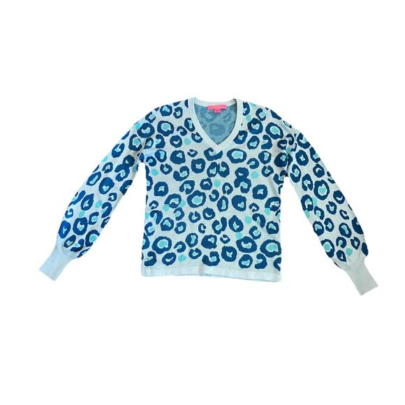 Lilly Pulitzer Jasmina Sweater Womens XS Blue Don’t Be A Cheetah Animal Print - Picture 1 of 5